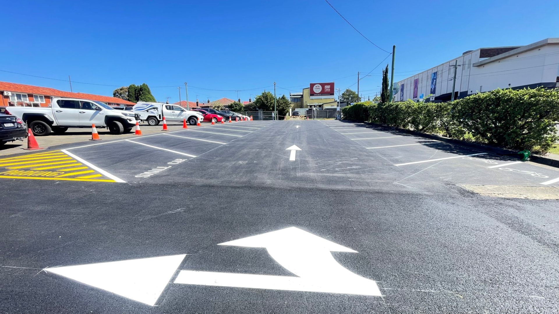 Completed RSL car park with parking bays and directional arrows